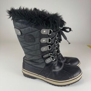Sorel Tofino Big Girls Youth Size 3 Tall Snow Boots Waterproof Black Faux Fur*